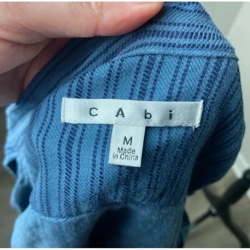 Cabi Pinstripe Tie-Neck Draped Cardigan Boho Fairycore Cotton Blue Jacket Size M - Picture 2 of 6